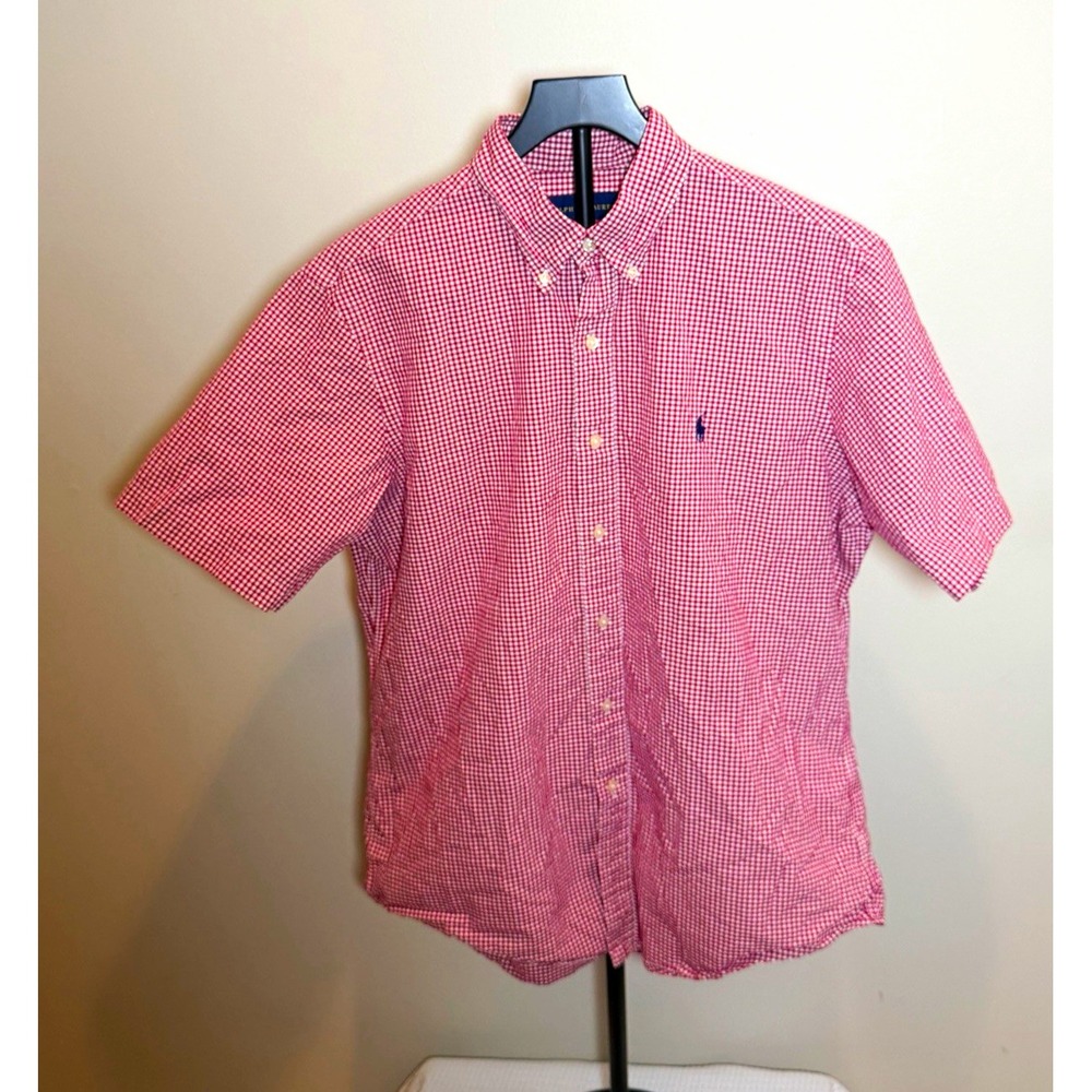 Ralph Lauren Men's L Red White Check Cotton Woven SS Button-Down Polo Pony